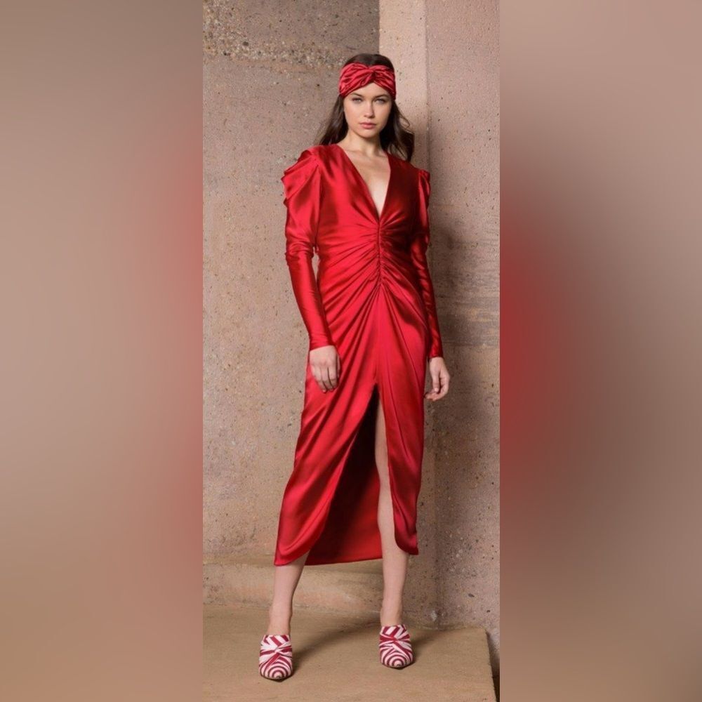 Jonathan Simkhai fair  Red Long Sleeve ruched front satin midi Dress, US4